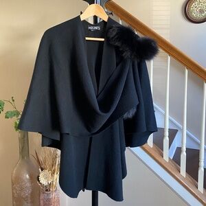 Mitchie's Fox Fur Wool Cape Wrap Poncho Black O/S